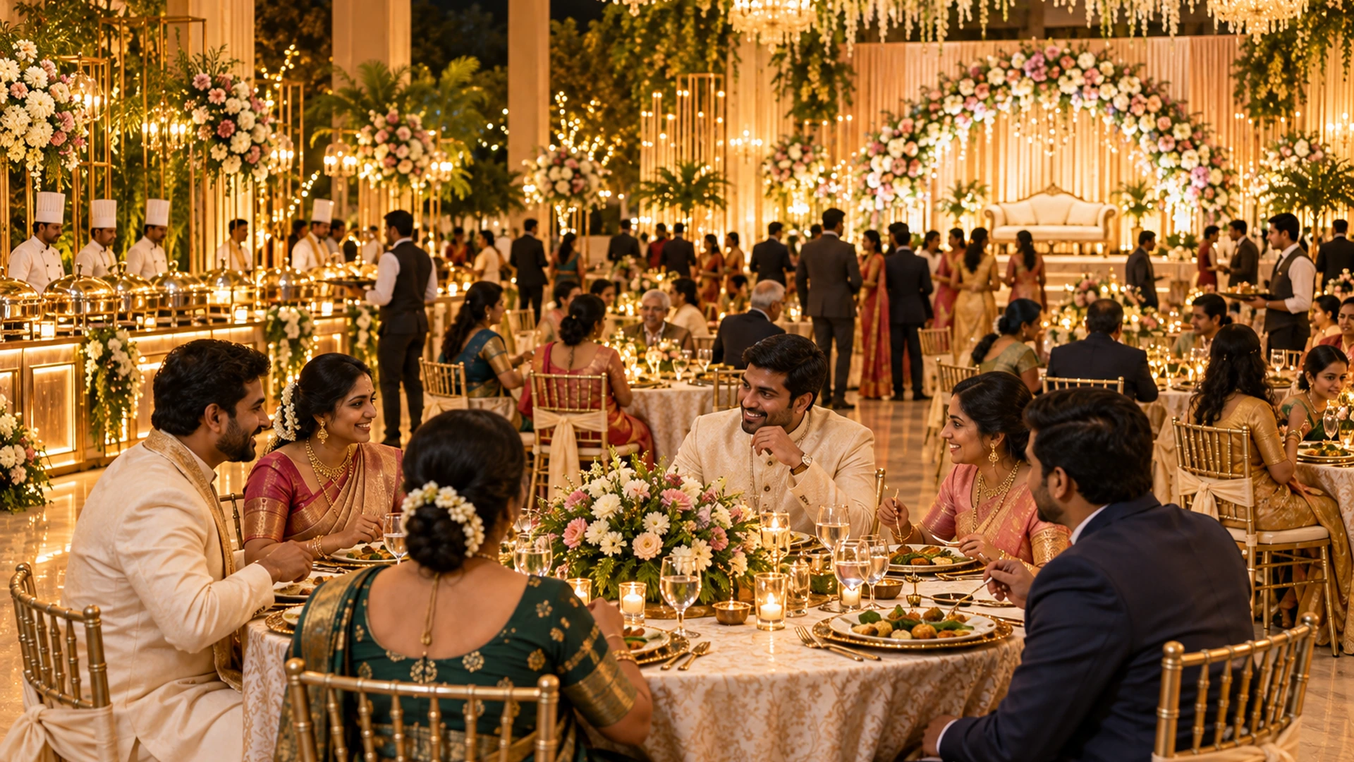 Elegant reception catering in Vellore with premium dining, floral decor and buffet service