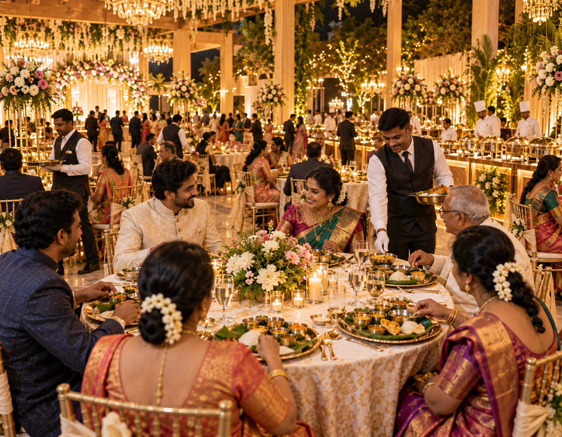 Reception guests enjoying seated South Indian dining service