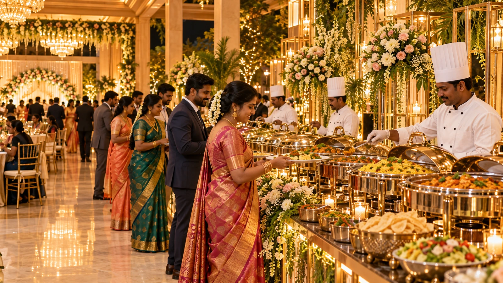 Reception buffet line with elegant service flow and premium presentation