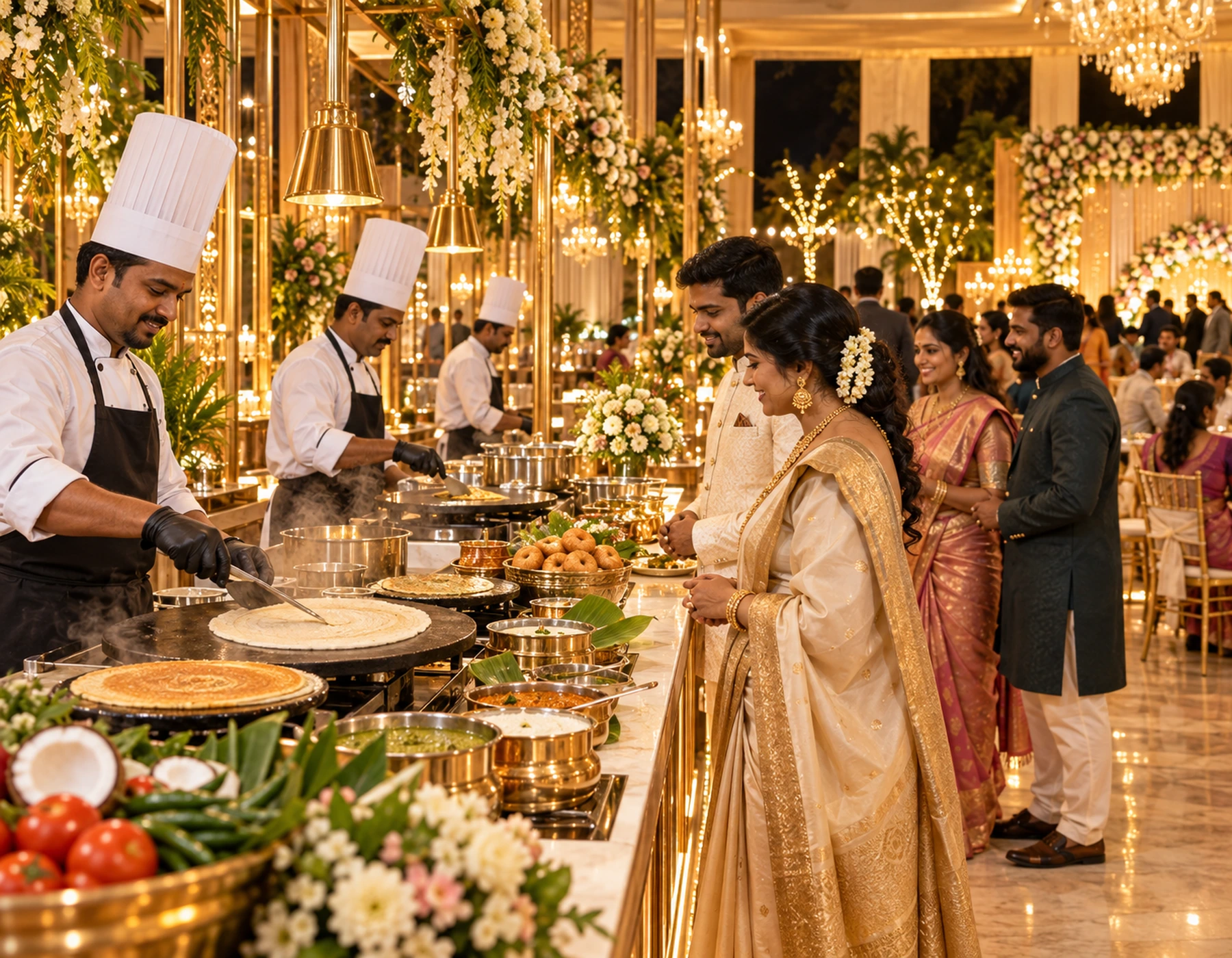Live reception buffet service with chefs and warm evening ambience