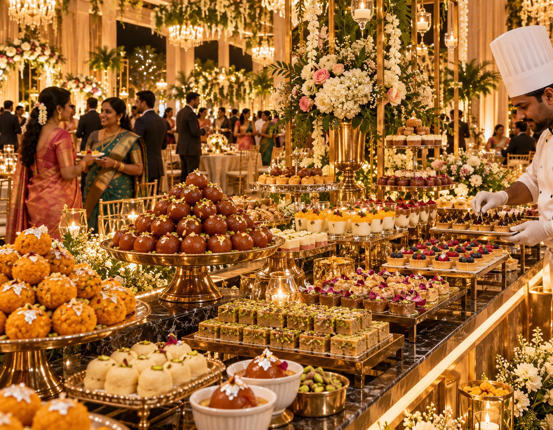 Reception dessert counter with Indian sweets and plated mini desserts