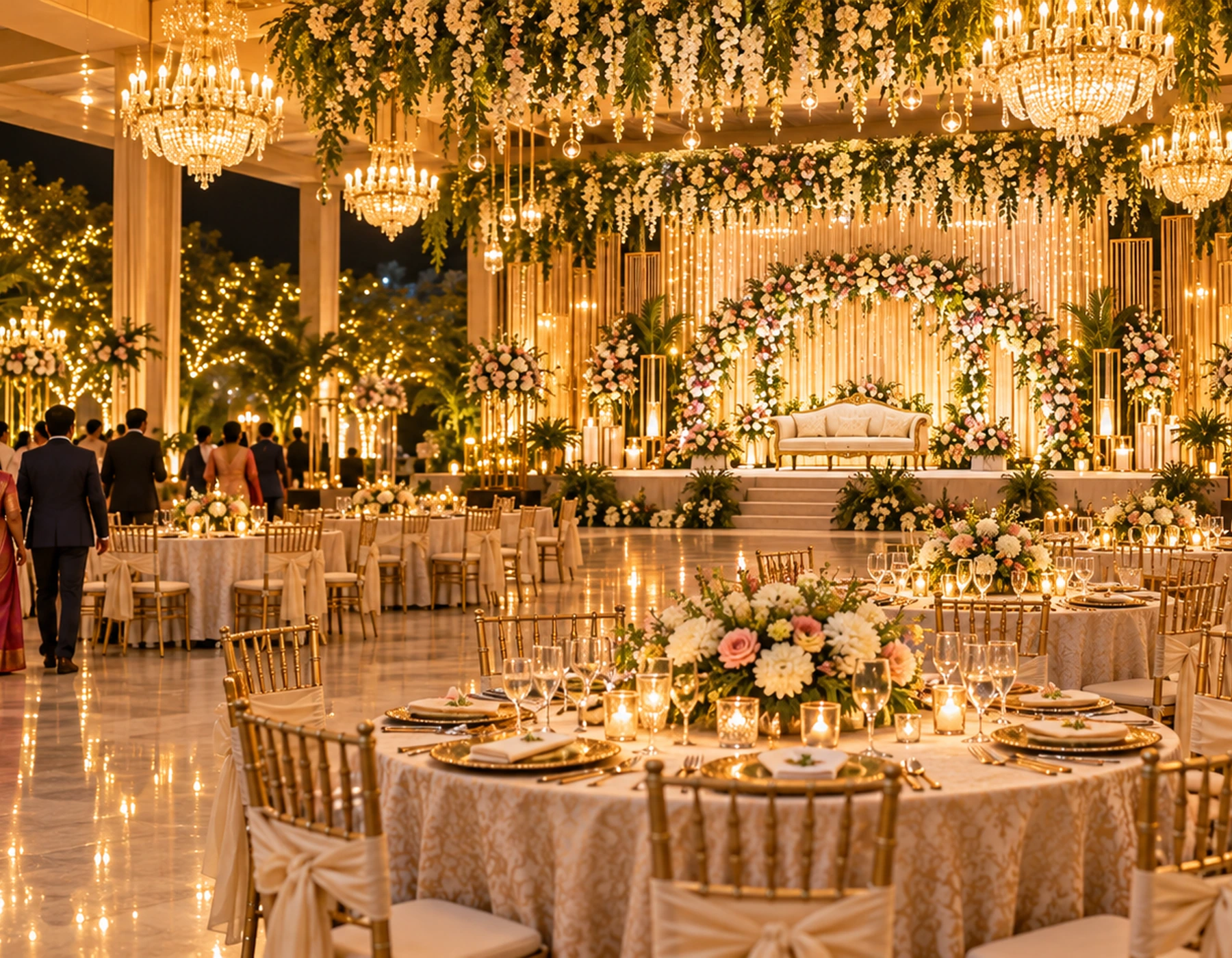 Reception hall ambience with floral stage, chandeliers and banquet tables