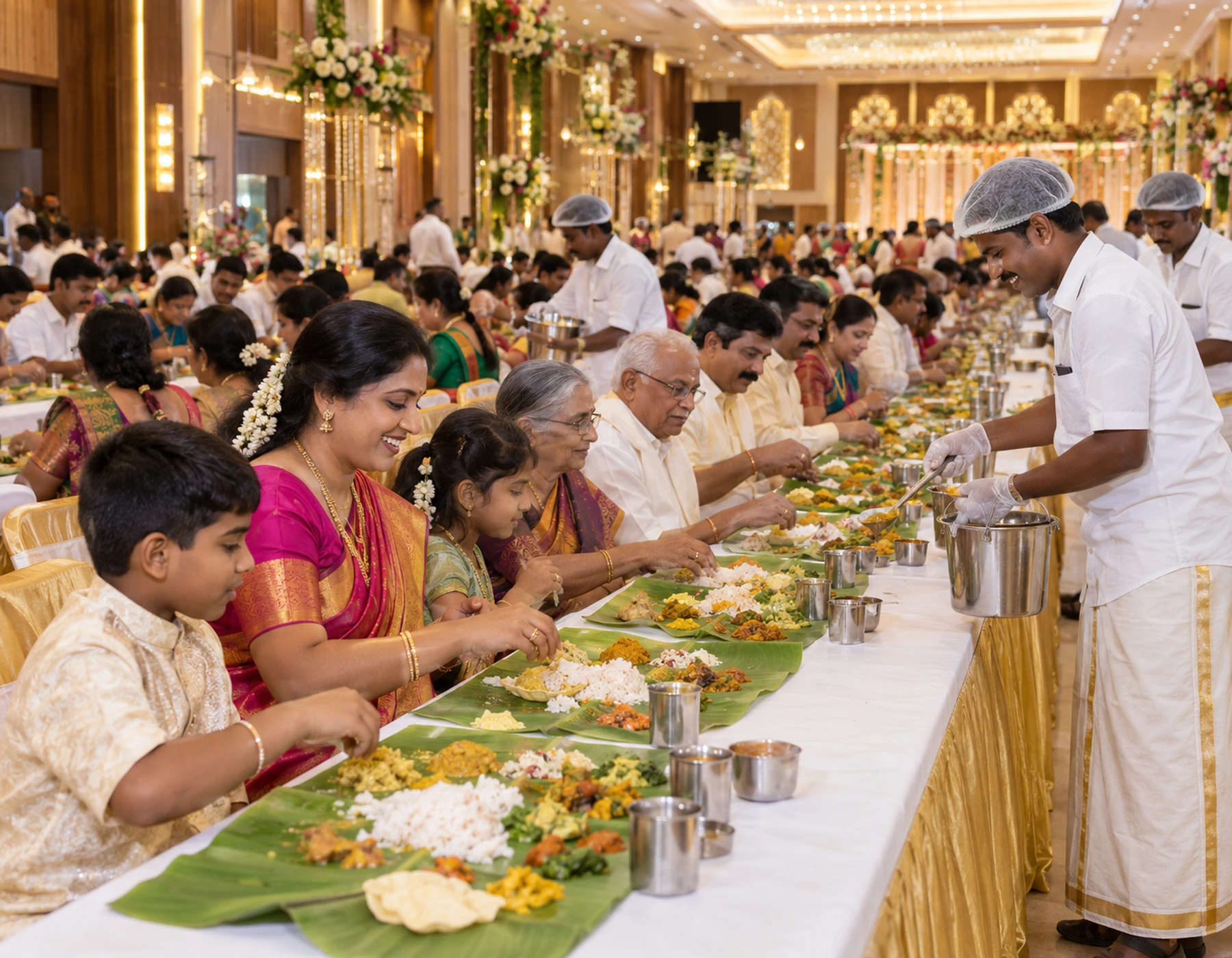 Family guests enjoying organized South Indian wedding dining service