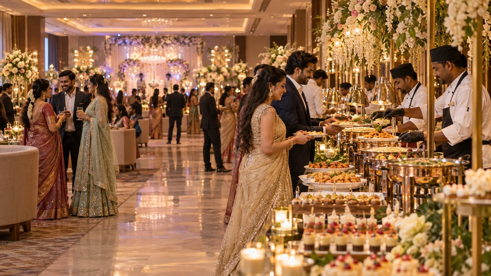 Premium wedding buffet with guests and catering staff in a reception hall