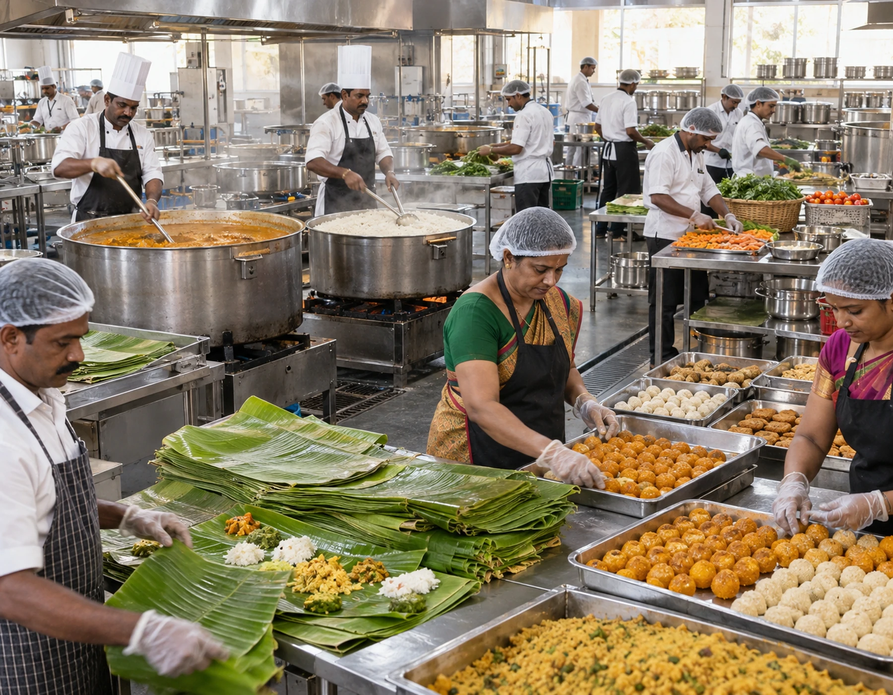 Large-scale South Indian wedding food preparation in a professional kitchen