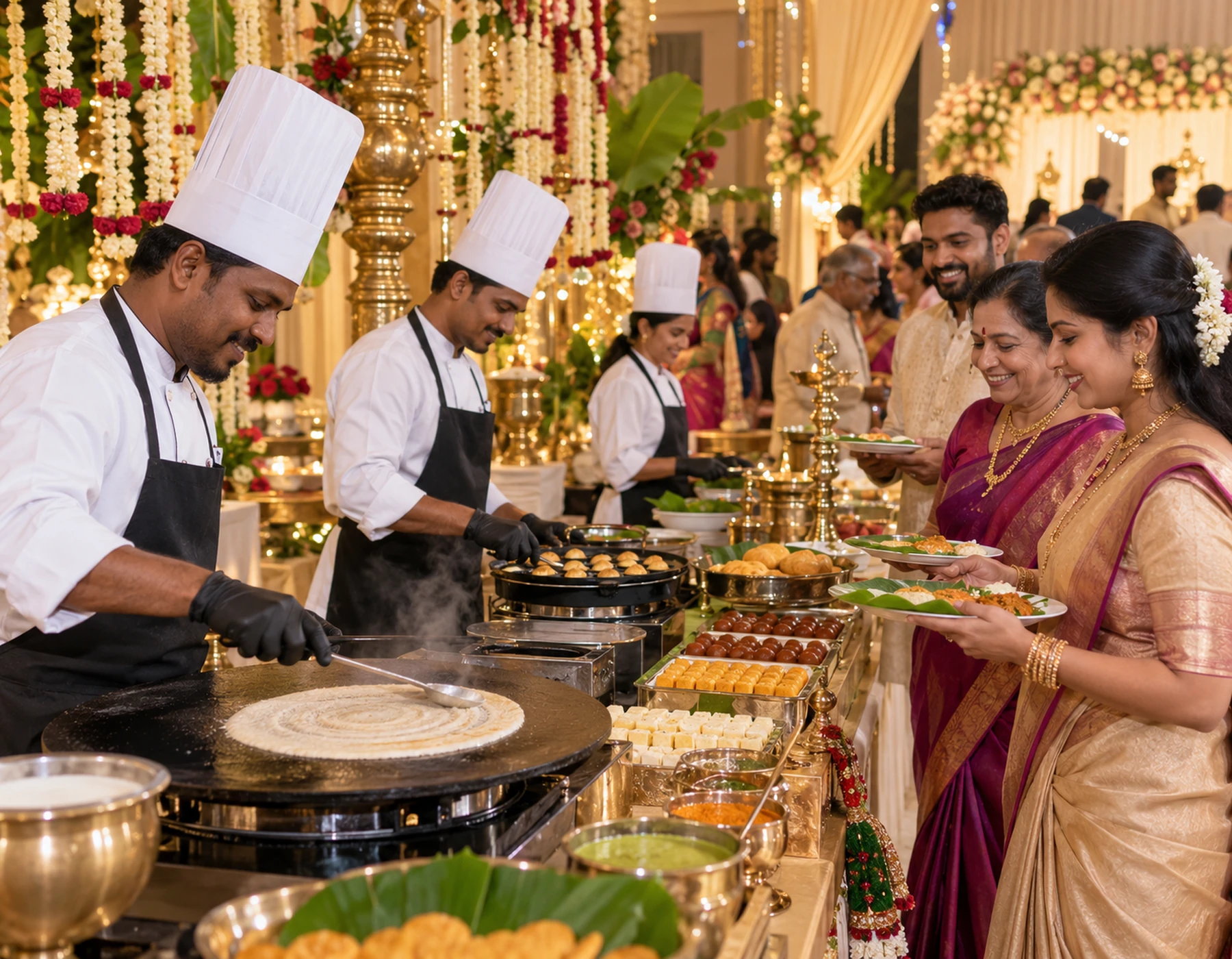 Live South Indian food counter serving wedding guests