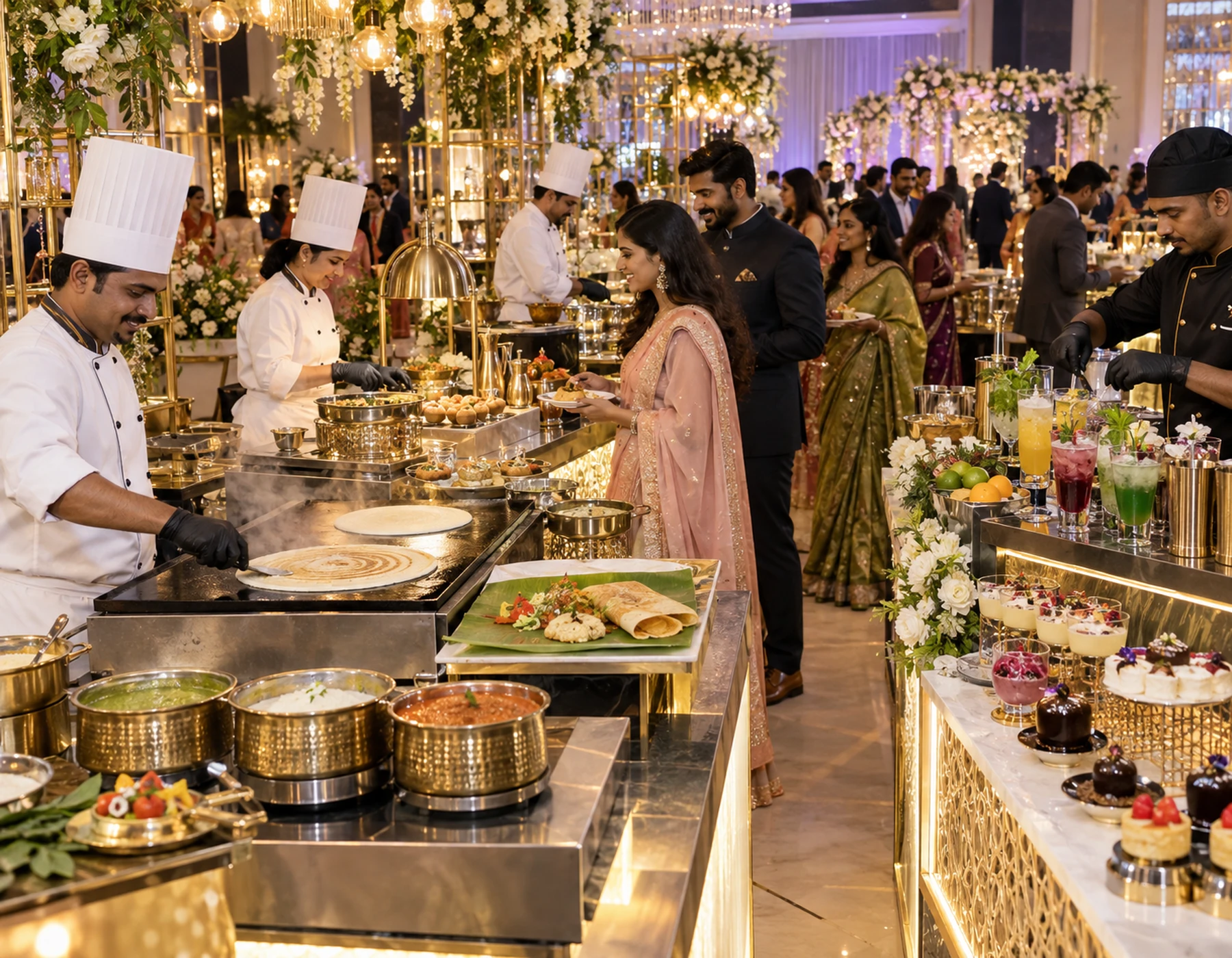 Premium wedding buffet presentation with South Indian and celebration dishes